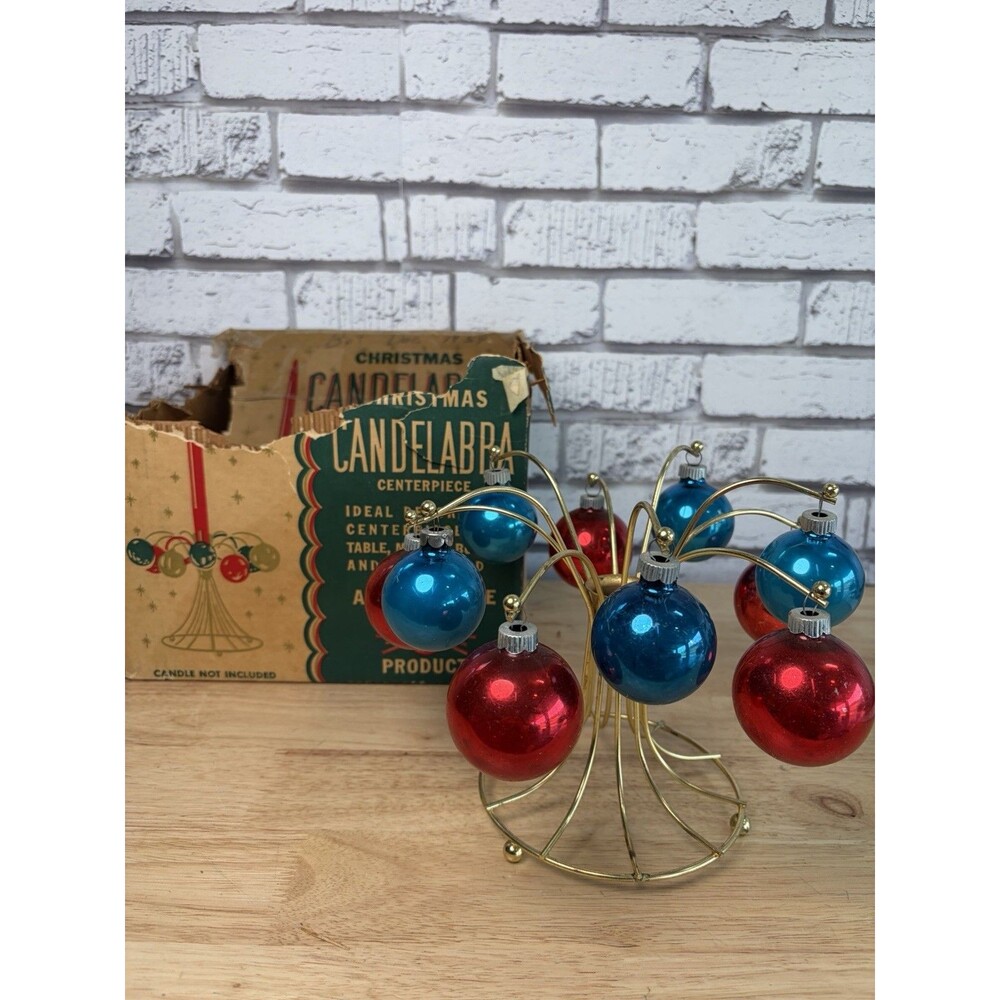 Shiny Brite Christmas Ornament Candelabra Centerpiece RARE Vintage 1950s W/ Box